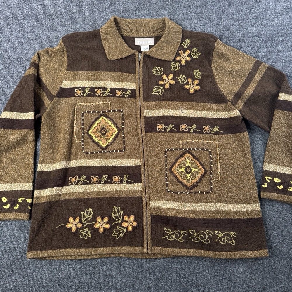 TanJay Womens Sweater Sz L Embroidered Floral Brown Full Zip NWOT